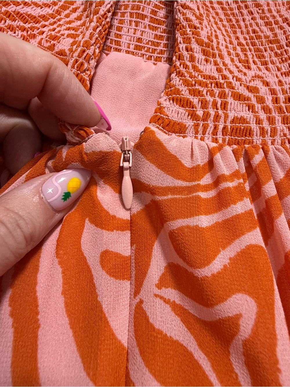 Cinq A Sept | Pink and Orange Zebra-Print Mini Dress | Smocked | size 4 - Picture 14 of 15